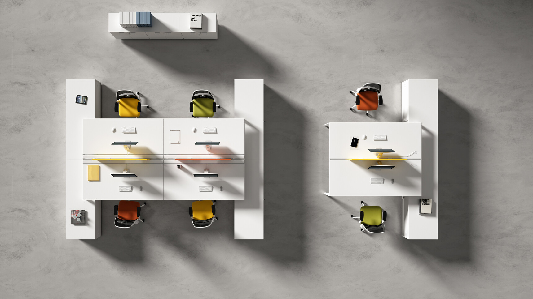 Three Quadrifoglio X5 Two Person Bench Desks 1238mm Depth With White Table Top Finish With White Leg Finish And Six Quadrifoglio Chairs At Desks Overhead Image