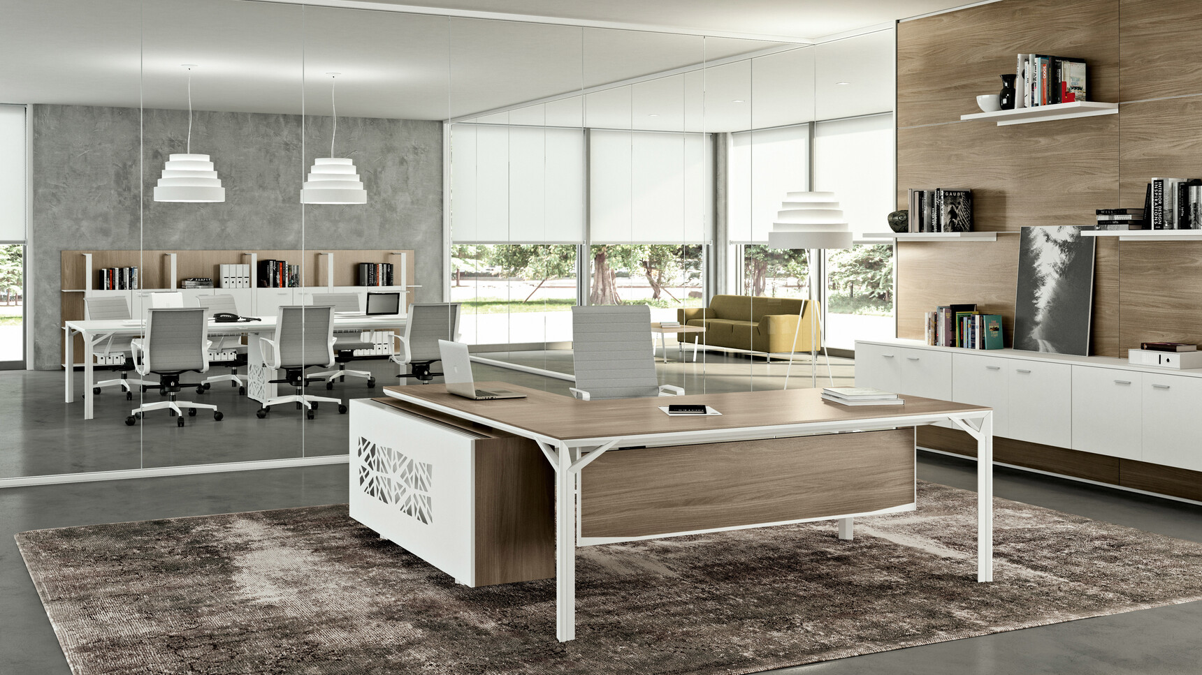 Quadrifoglio X8 Melamine Desk with Return Storage Unit & Pedestal With Wood Finish And White Leg Finish And White Back Finish To Pedestal With Chair At Desk And X8 Meeting Table With Six Quadrifoglio Chairs