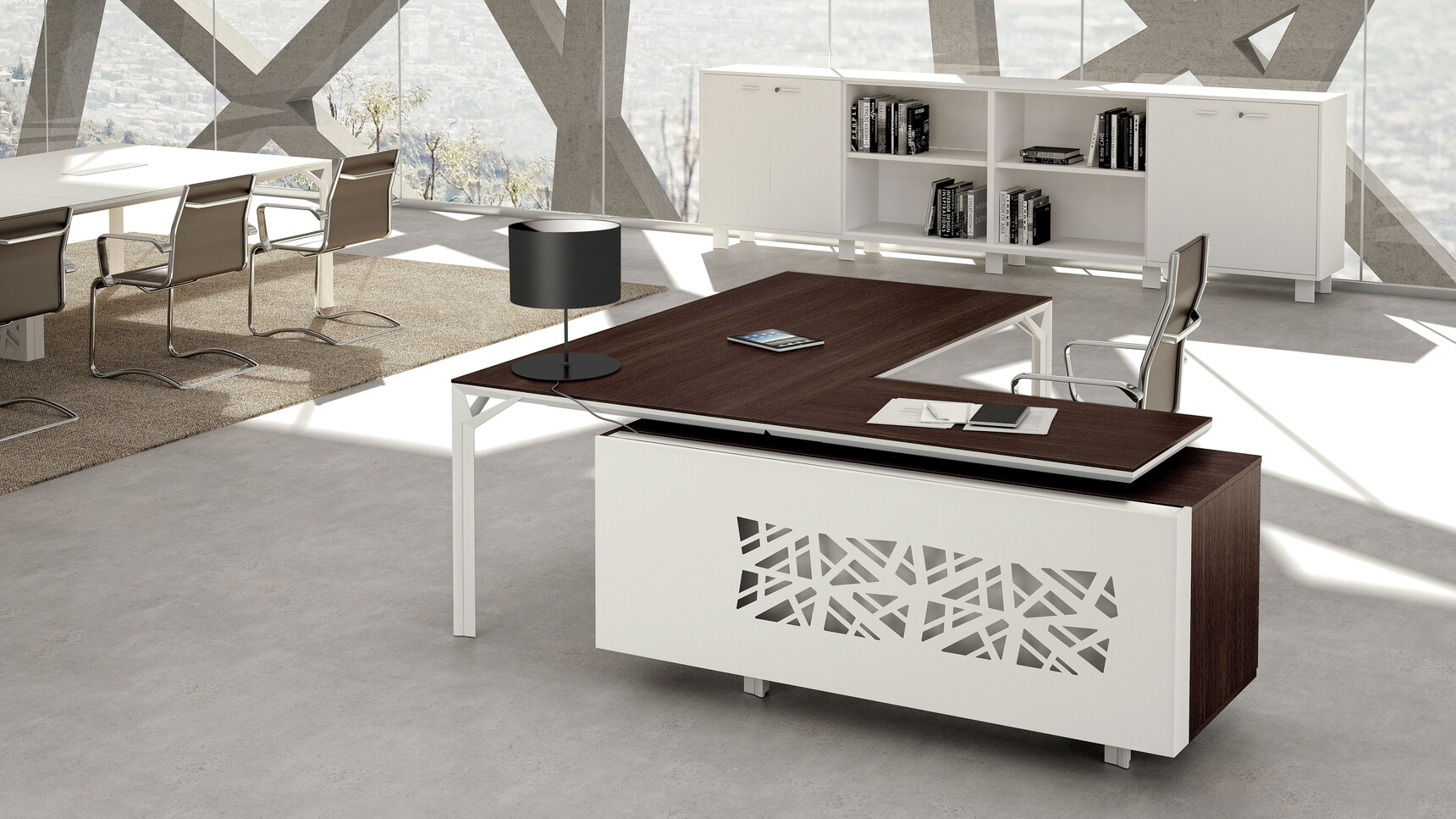 Quadrifoglio X8 Melamine Desk with Return Storage Unit & Pedestal With Dark Wood Finish And White Leg FInish And White Back Finish Top Pedestal With Chair At Desk And X8 Meeting Table With Three Quadrifoglio Chairs