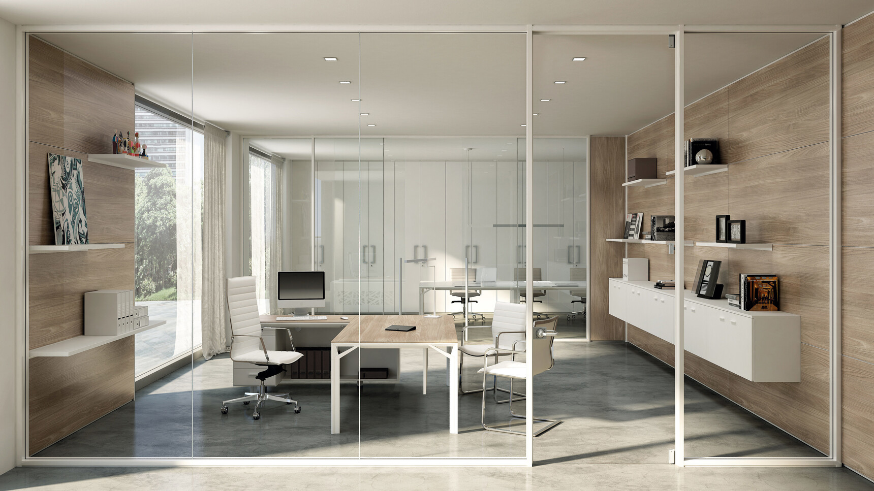 Quadrifoglio X8 Melamine Desk with Return Storage Unit & Pedestal With Light Wood Finish And White Leg Finish With Three Quadrifoglio Chairs At Desk With X8 Meeting Table With Three Quadrifoglio Chairs At Table