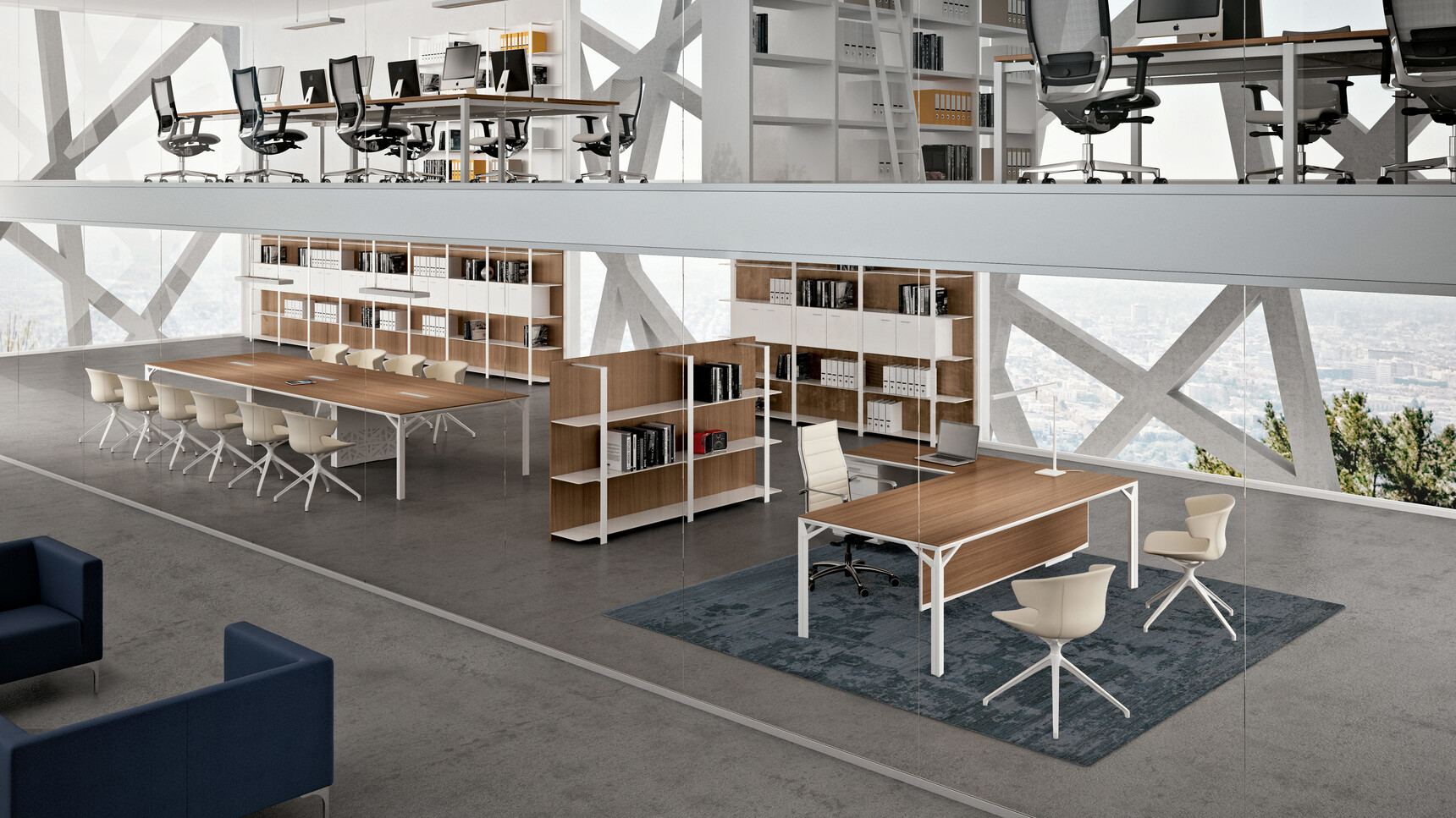 Quadrifoglio X8 Melamine Desk with Return Storage Unit & Pedestal With Wood Finish And White Leg Finish With Three Chairs At Desk With X8 Meeting Table With Ten Quadrifoglio Chairs At Desk