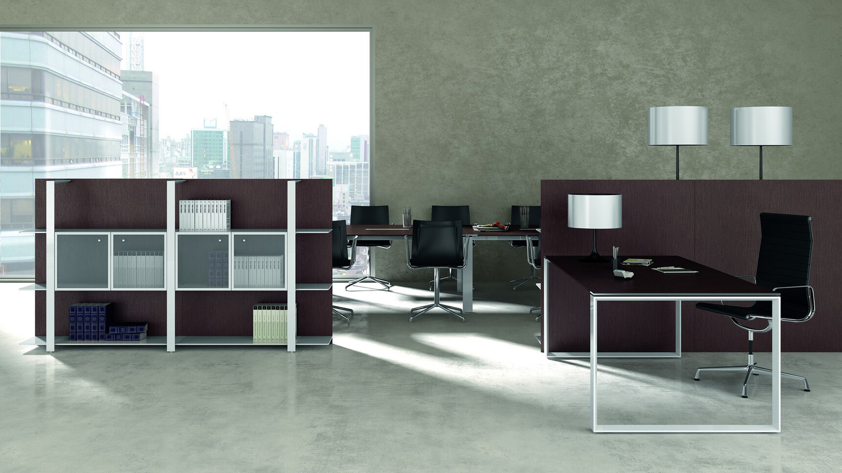 Quadrifoglio X7 Melamine Goalpost Leg Boardroom Table With Dark Wood Finish And Chrome Leg Finish And Two Grey Aluminium Flaps With Six Quadrifoglio Chairs At Desk And X7 Single Loop Leg Desk With Dark Wood Finish