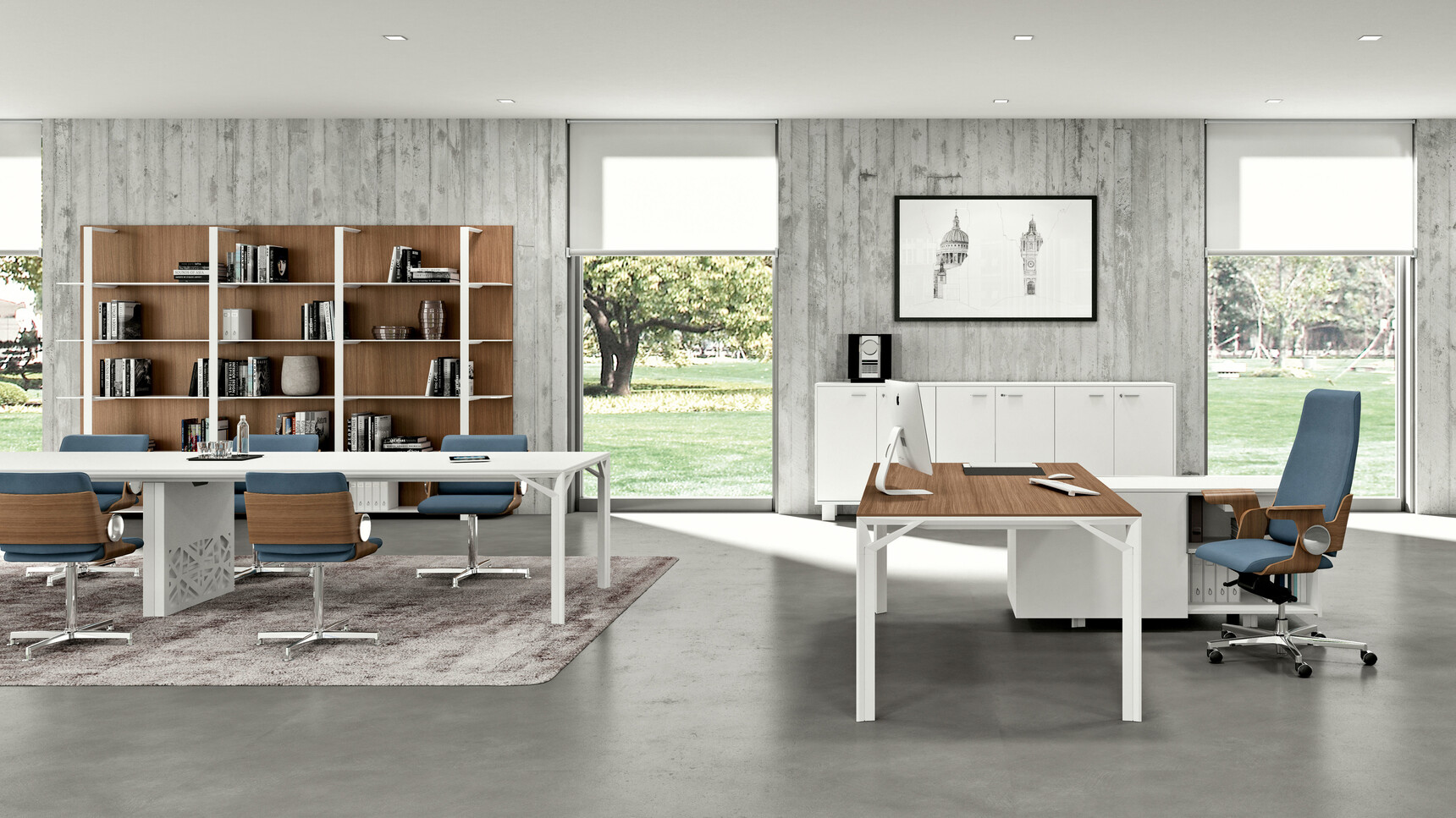 Quadrifoglio X8 Melamine Desk with Sliding Door Credenza Dark Wood White Leg Finish White Pedestal Quadrifoglio Chair At Desk