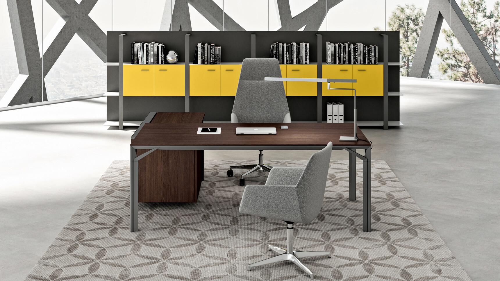 Quadrifoglio X8 Melamine Desk with Sliding Door Credenza With Dark Wood Finish And Black Leg Finish With Two Quadrifoglio Chairs In Grey Upholstery At Desk In Office