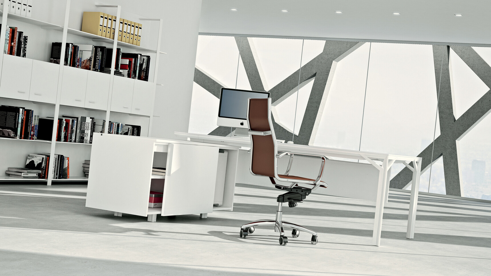 Quadrifoglio X8 Glass Desk with Sliding Door Credenza With White Table Top Finish And White Leg Finish Credenza Has White Finish With Quadrifoglio Chair In Dark Brown On Castors At Desk