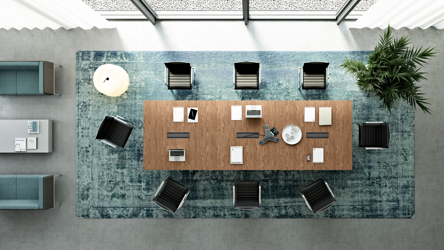 Quadrifoglio X9 Wood Veneer Boardroom Table With Dark Wood Finish And Three Black Aluminium Flaps With Eight Quadrifoglio Chairs In Black Upholstery At Desk