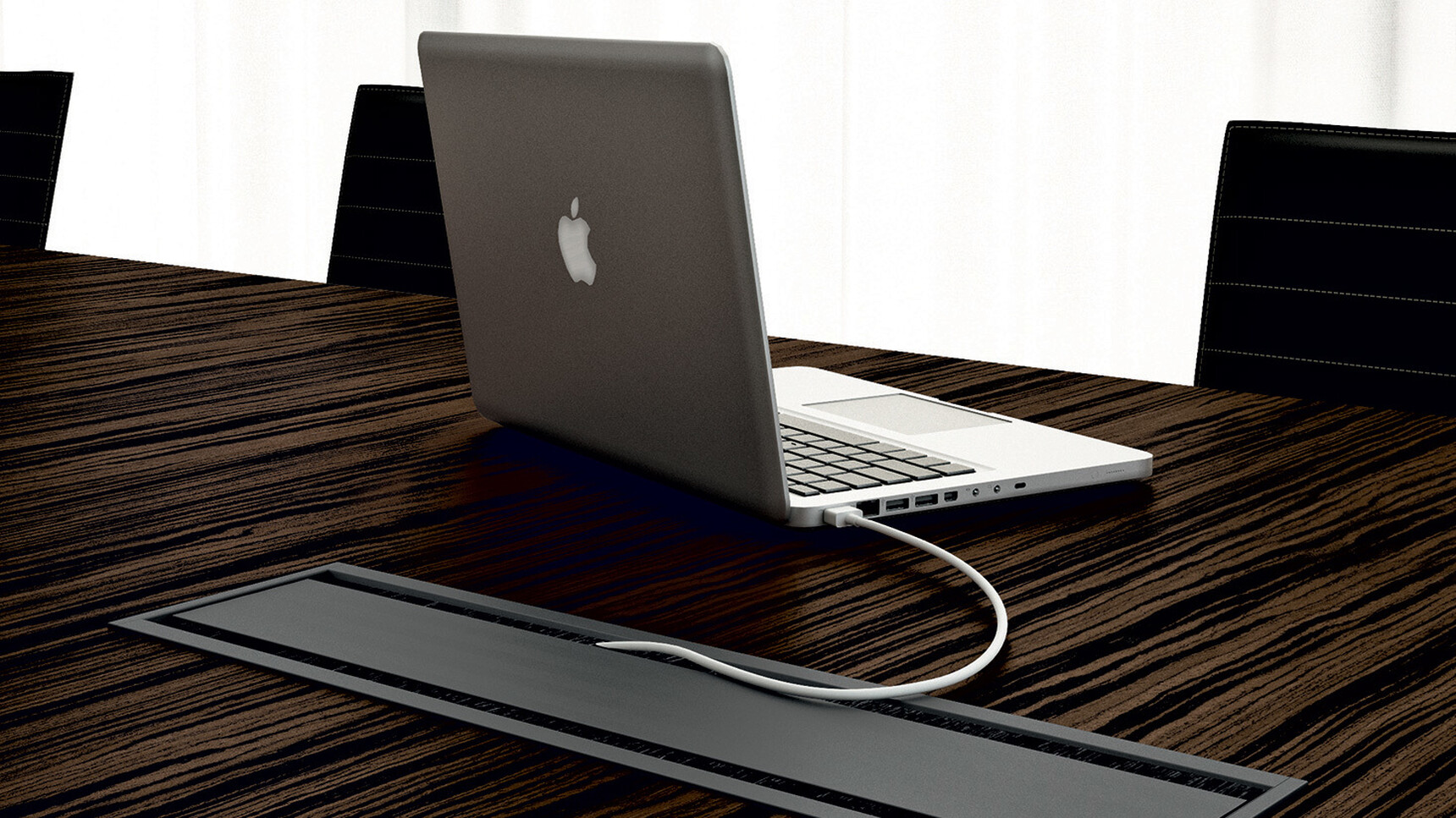 Quadrifoglio X9 Wood Veneer Boardroom Table With Dark Wood Finish And One Black Aluminium Flap With Three Quadrifoglio Chairs In Black Upholstery At Desk Detail Image