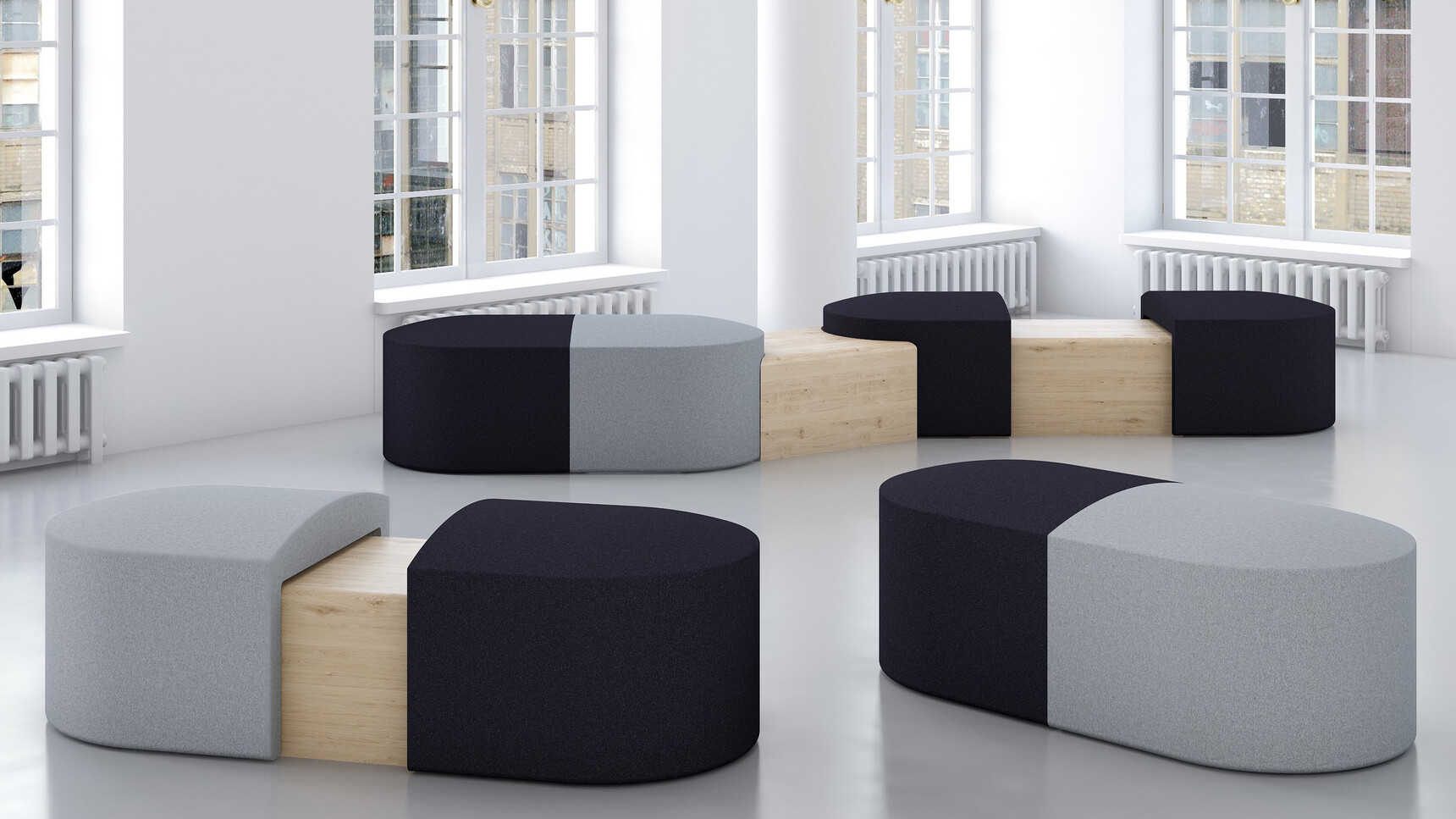Elite Office Furniture Pill Modular Seating Systems With Tables Grey Black Upholstery In Office Setting