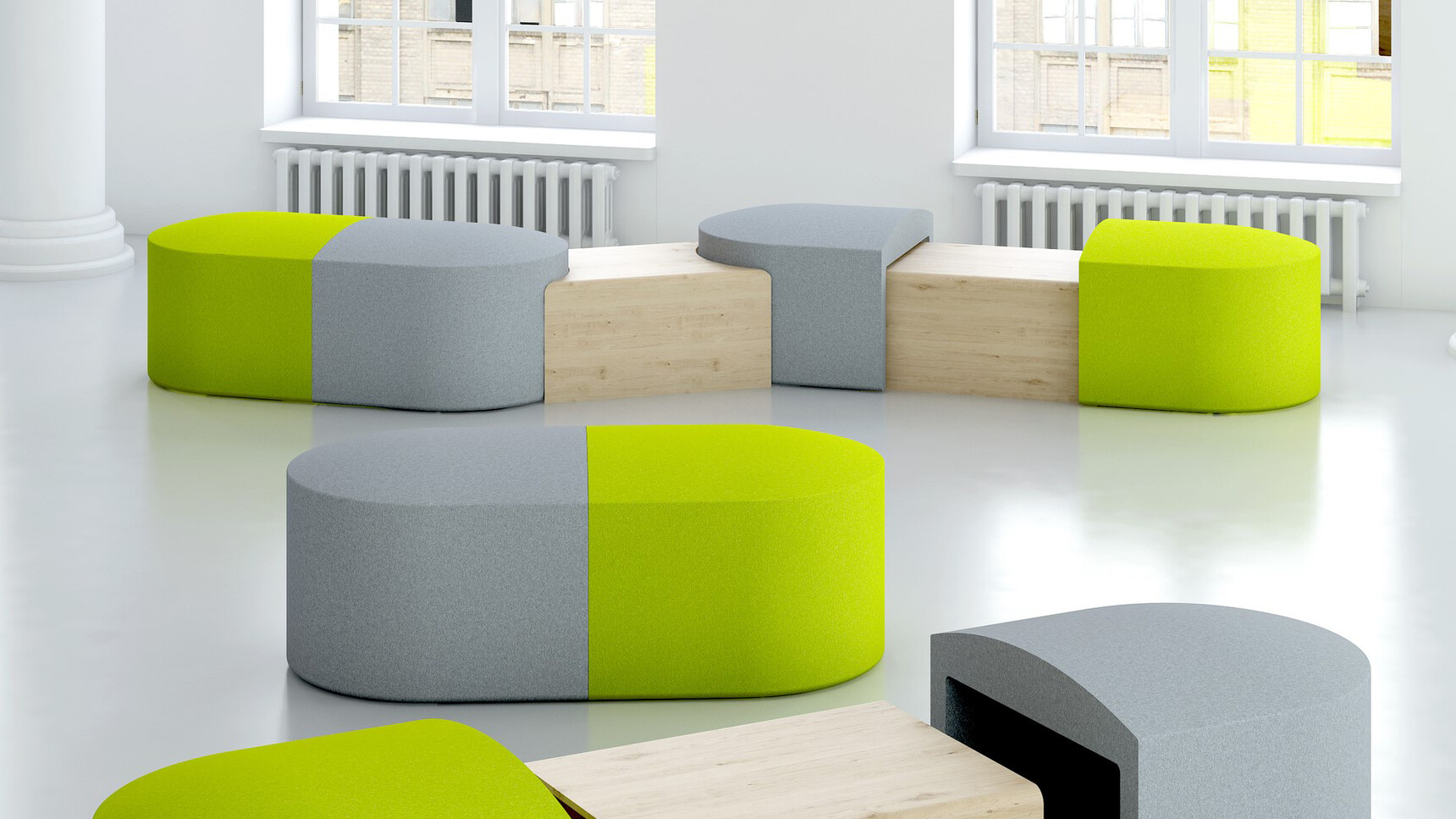 Four Elite Office Furniture Pill Modular Seating Systems With Tables Family Image