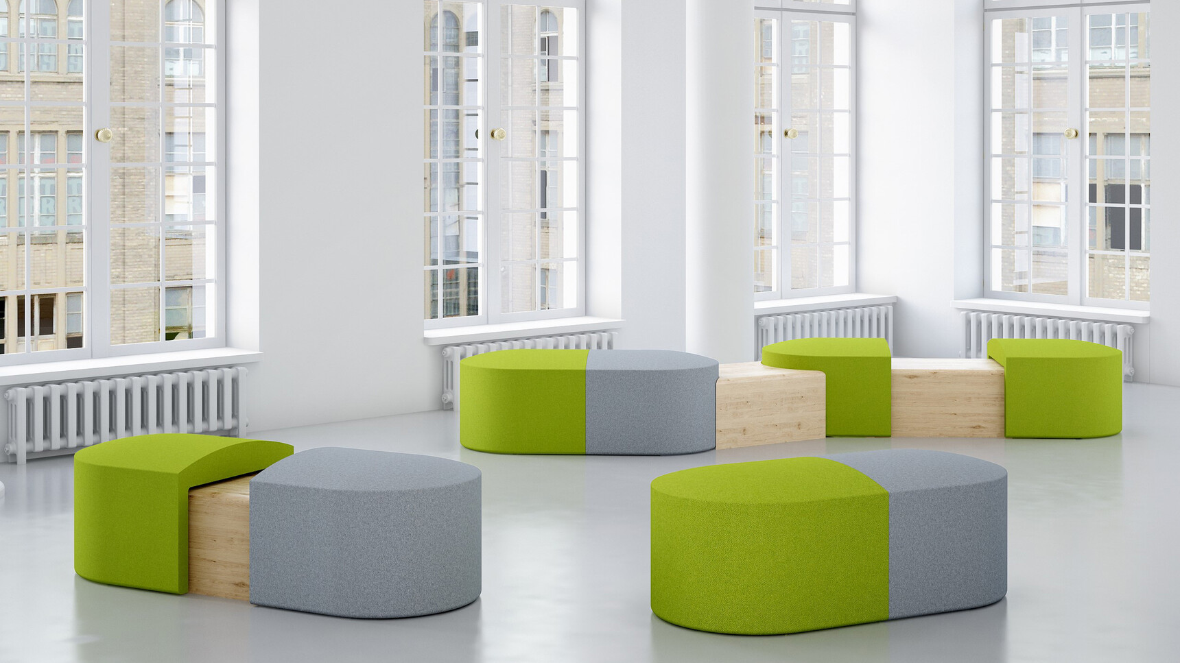 Four Elite Office Furniture Pill Modular Seating Systems With Tables Grey Green Upholstery In Office Environment