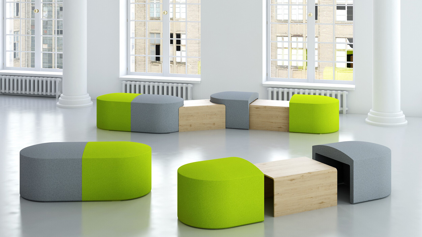 Elite Office Furniture Pill Modular Seating Systems With Tables Green Grey Upholstery In Office Setting