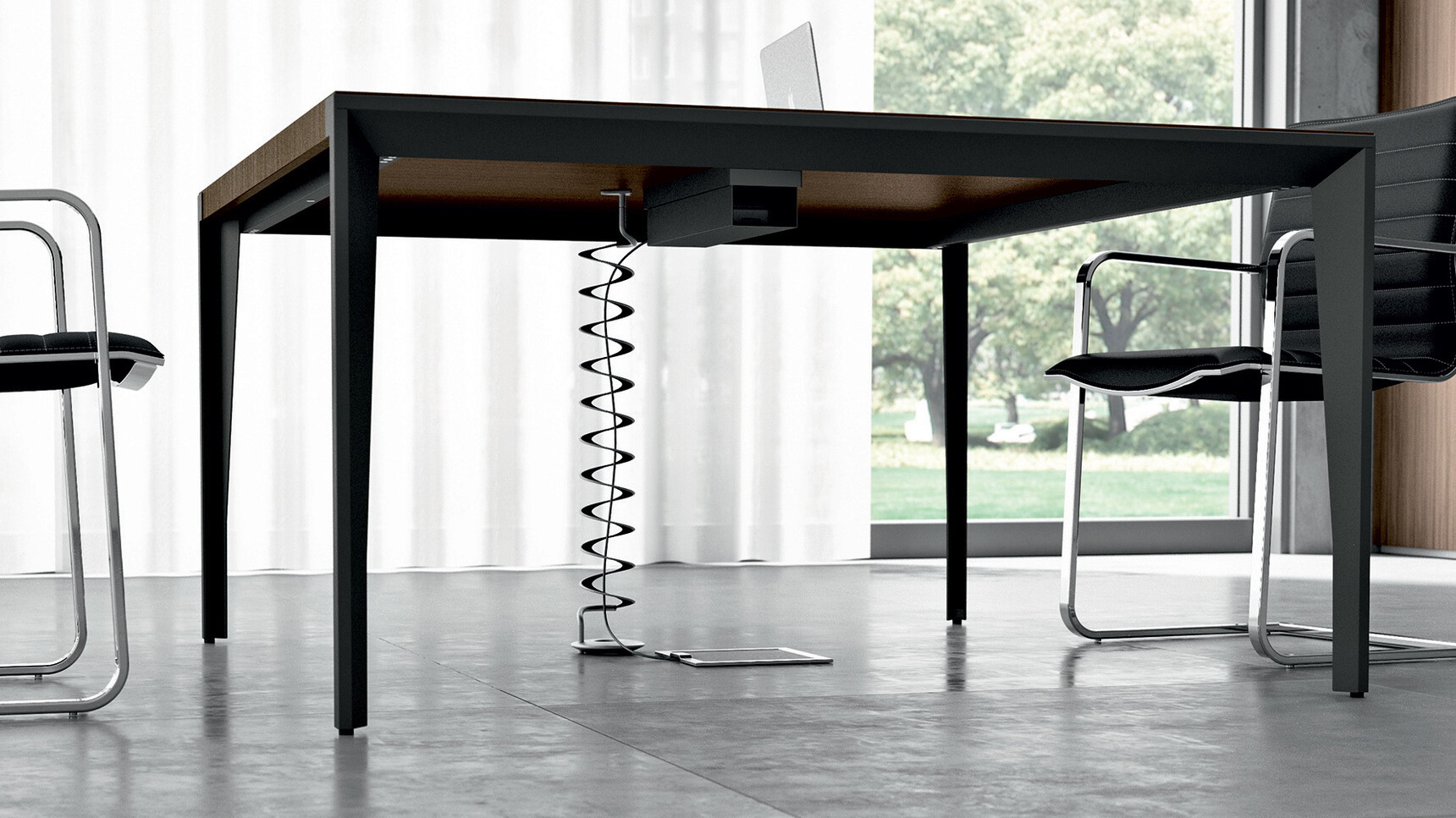 Quadrifoglio X9 Wood Veneer Desk With Dark Wood Finish And Black Legs And Two Quadrifoglio Chairs With Black Upholstery Detail Image