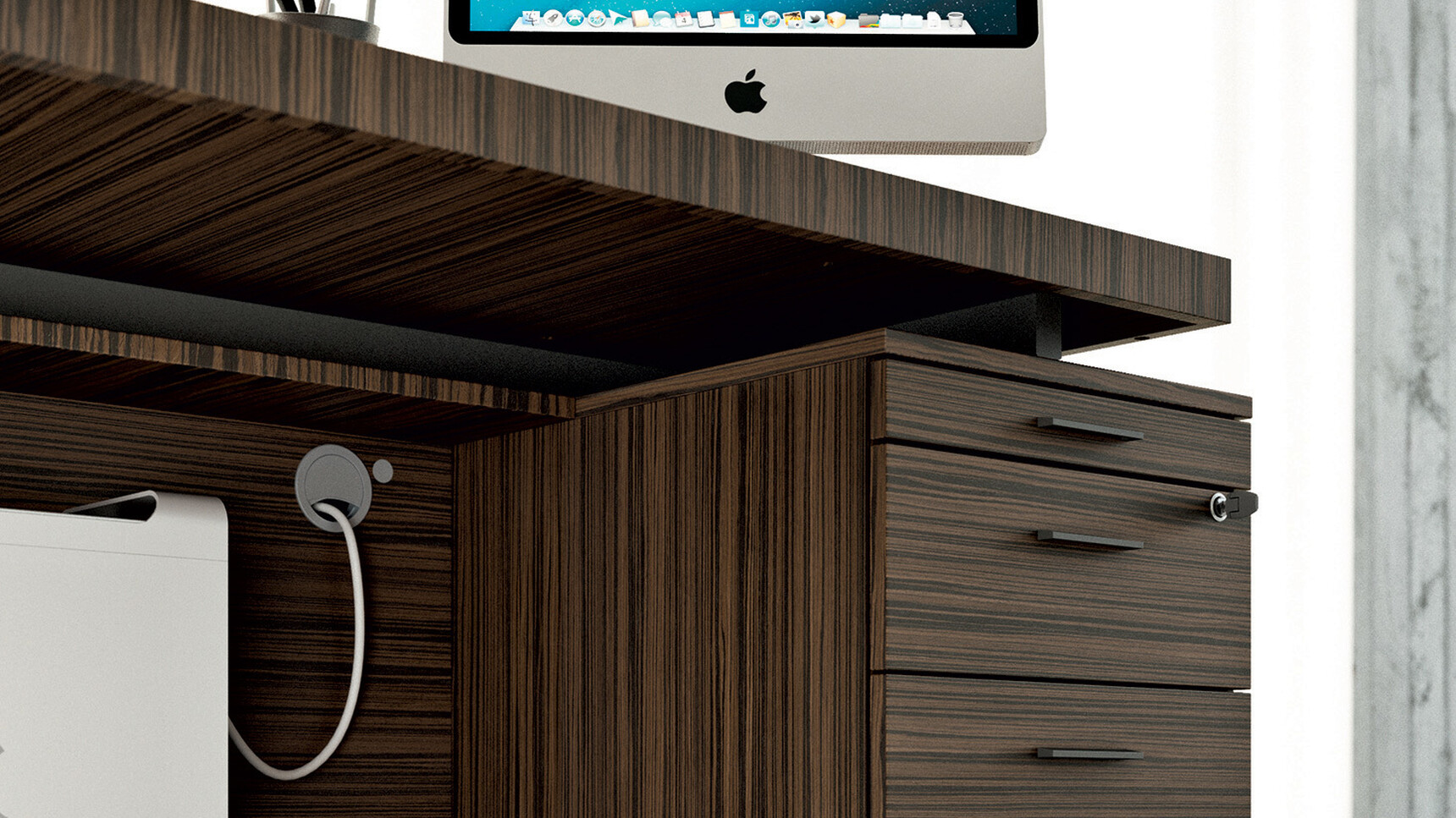 Quadrifoglio X9 Wood Veneer Desk With Dark Wood Finish And Pedestal Detail Image