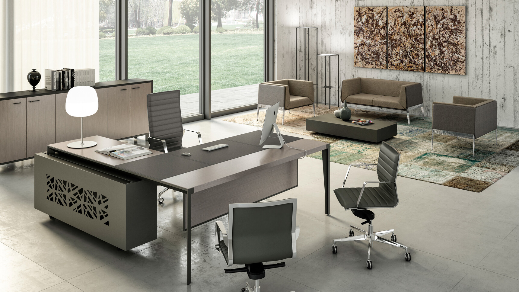 Quadrifoglio X9 Wood Veneer Desk With Leather Inlay Return & Pedestal With Light Wood Finish And Black Leather Inlay With Black Legs And Three Quadrifoglio Chairs In Black Upholstery At Desk