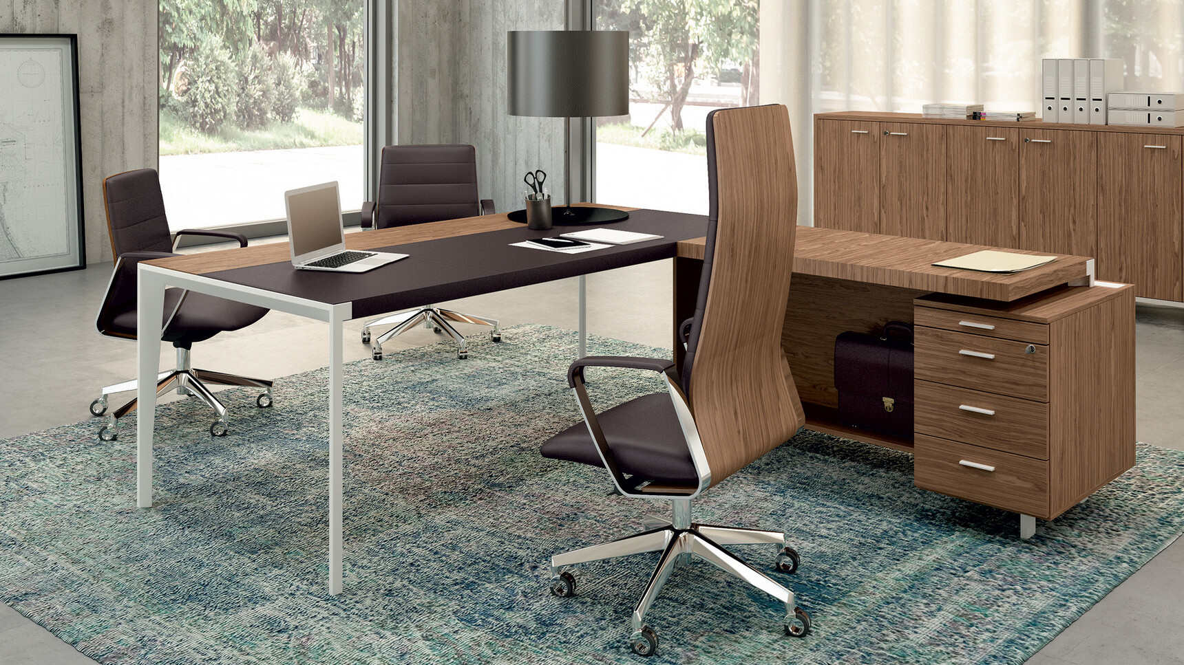 Quadrifoglio X9 Wood Veneer Desk Leather Inlay Return & Pedestal Dark Wood Finish Black Leather Inlay Grey Legs Directa Executive Highback Armchair Black Upholstery Two Directa Executive Midback Armchairs