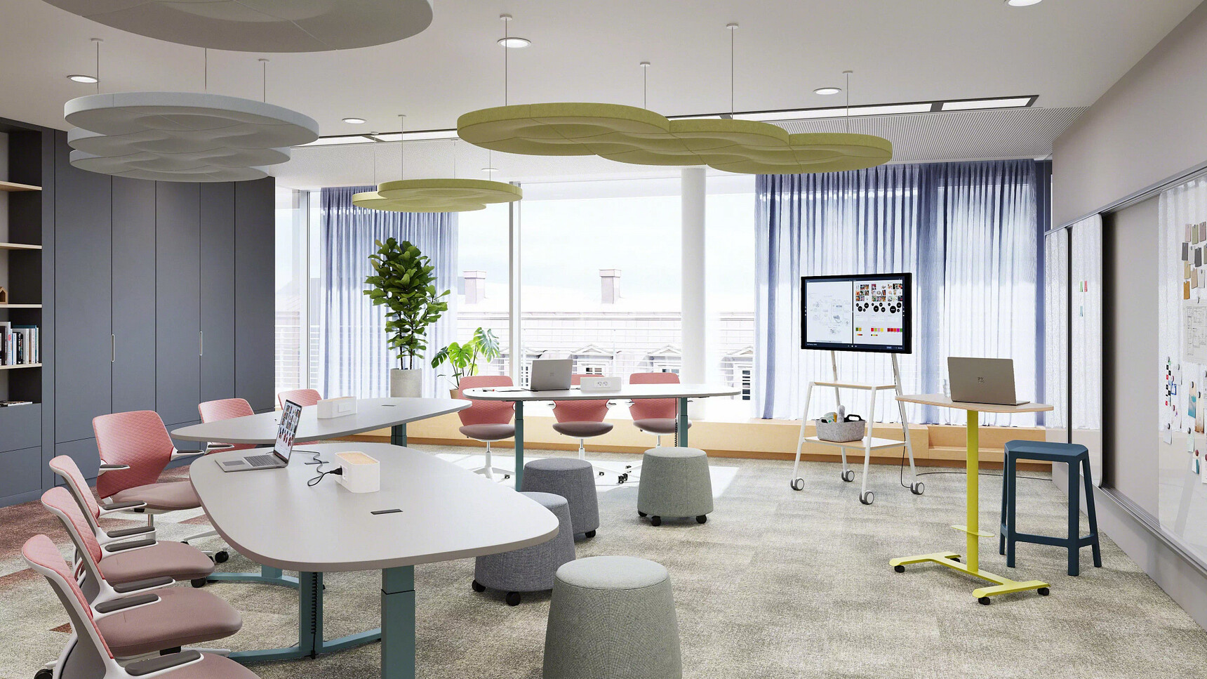 Steelcase Migration SE Height-Adjustable Meeting Tables With T-Leg In Office Setting With Flex Furniture