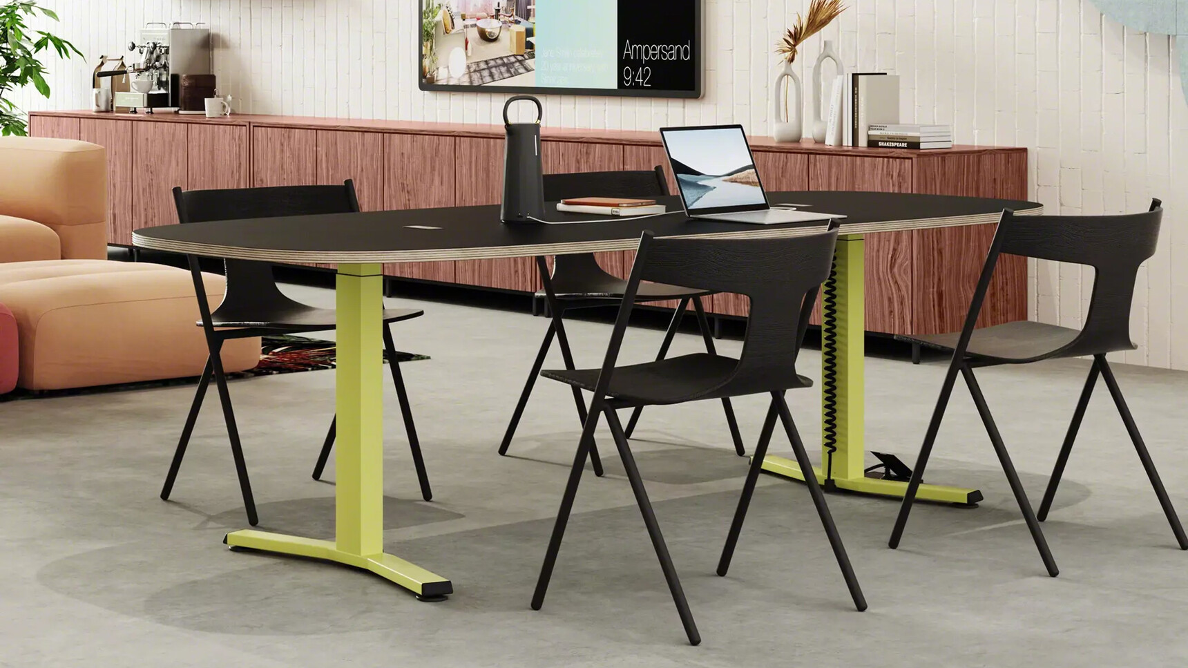 Steelcase Migration SE Height-Adjustable Meeting Table With T-Leg Black Top With Flex Mobile Power With Chairs At Table Family Image