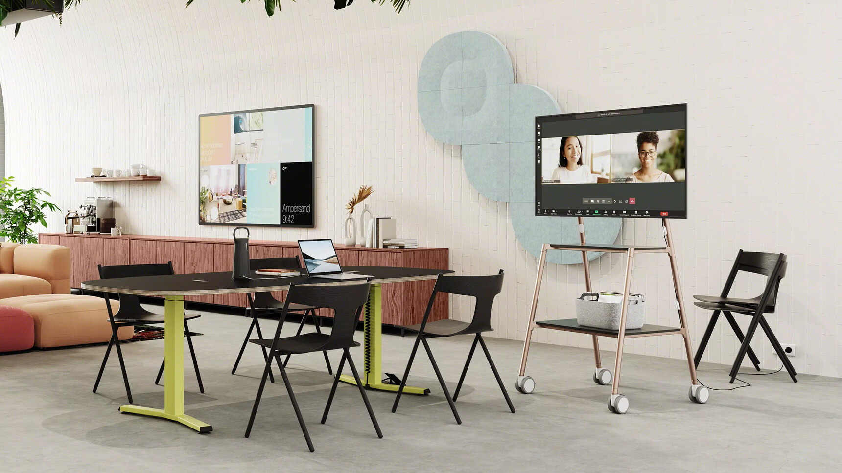 Steelcase Migration SE Height-Adjustable Meeting Table With T-Leg With Flex Media Cart And Flex Power Unit In Office Environment
