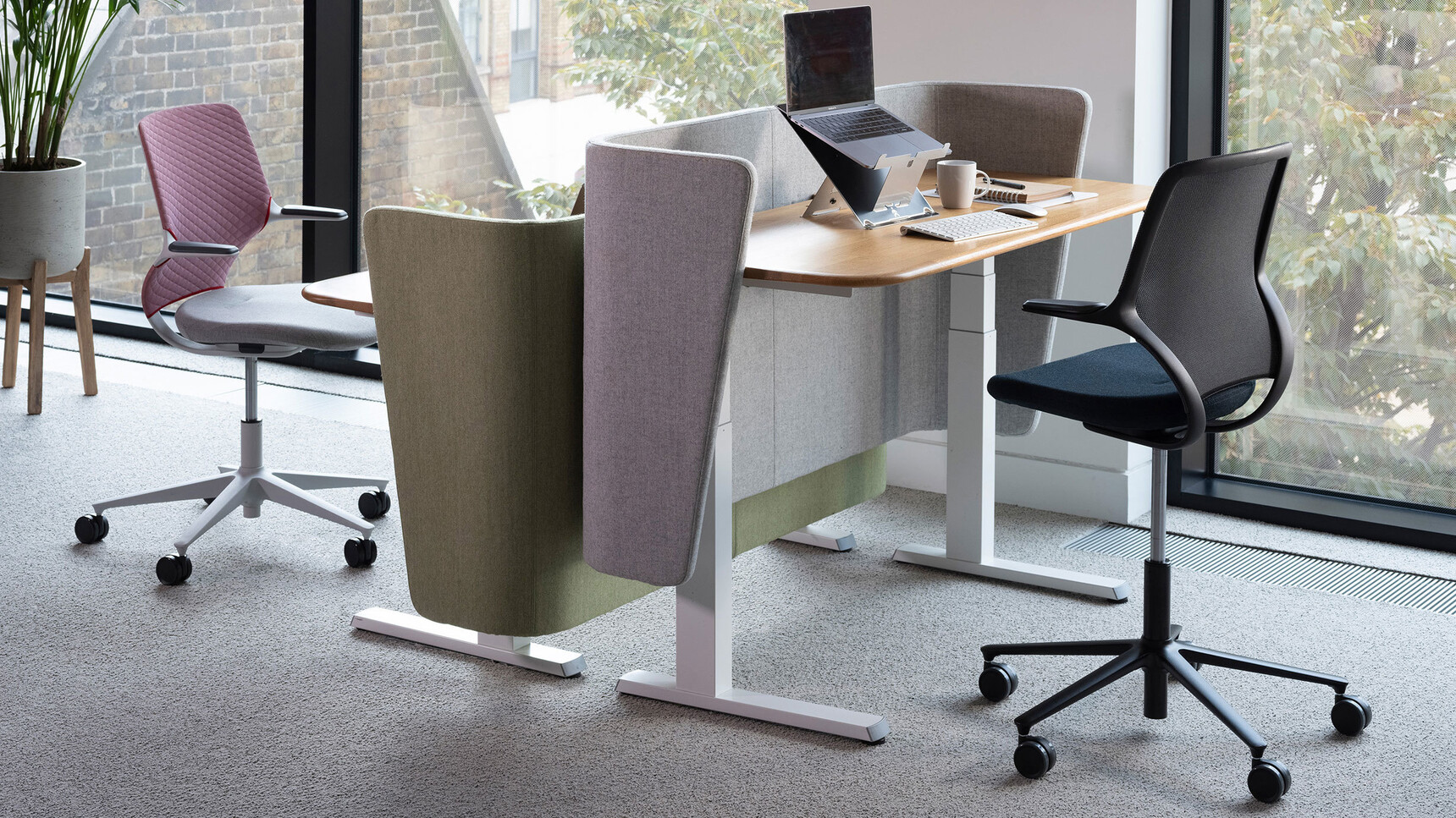 Orangebox AllowMe Midback Standard Height Office Chairs At Height Adjustable Desks In Office Setting