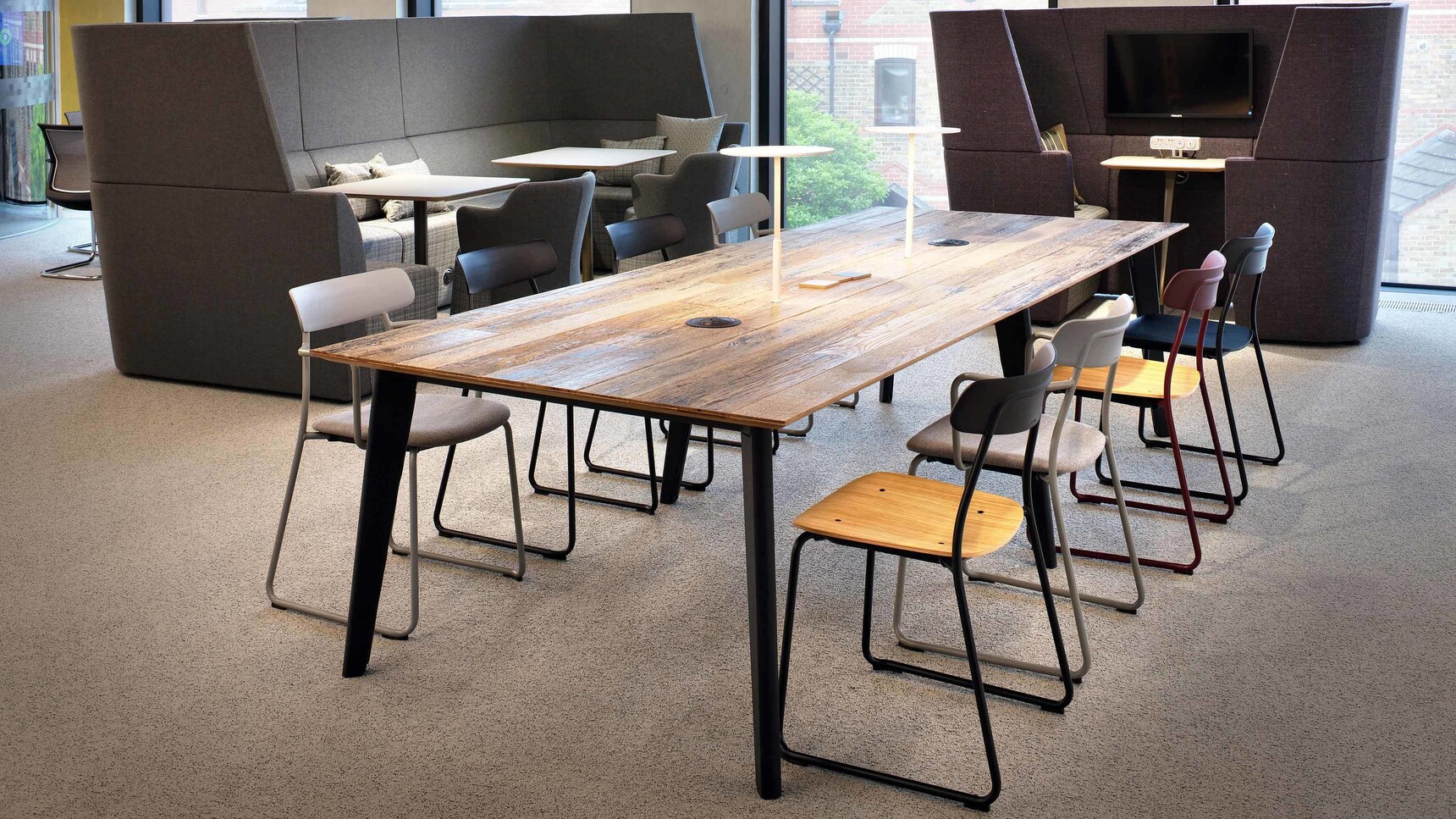 Orangebox Acorn Static Café Chairs With Upholstered Armchairs At Meeting Table