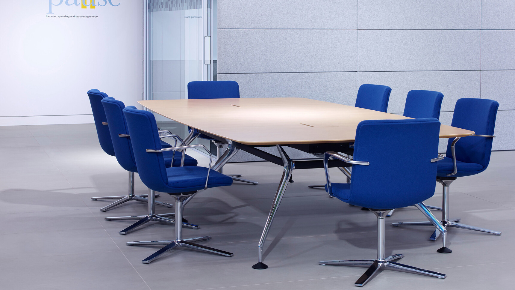 Orangebox Calder Midback Swivel Meeting Chairs Blue Upholstery At Meeting Table In Office Setting