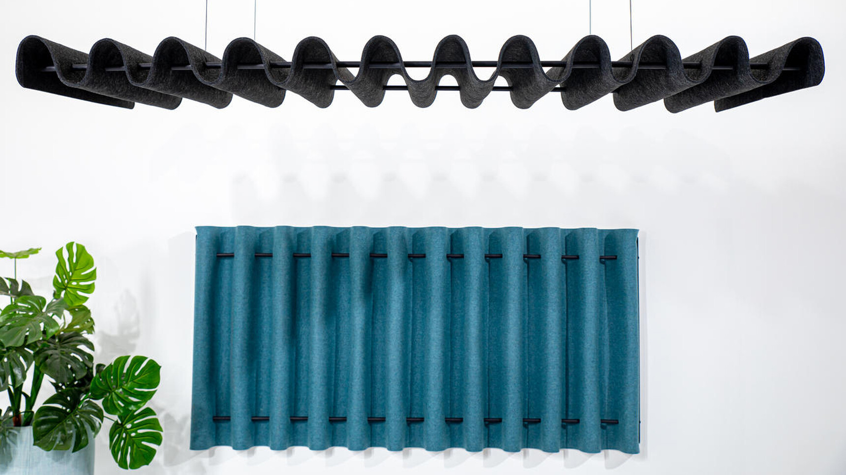 Buzzi Space BuzziFold Acoustic Element Wall Mounted And Ceiling Mounted Blue Upholstery Black Upholstery In Office Setting