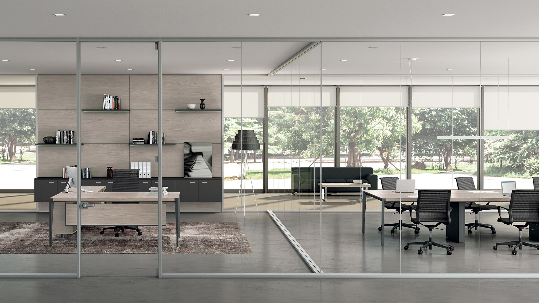 Quadrifoglio X9 Wood Veneer Desk with Return & Pedestal With Modesty Panel And Wood Finish And Black Leg Finish With Chair At Desk With X9 Meeting Table With Wood Finish And Five Quadrifoglio Chairs At Desks