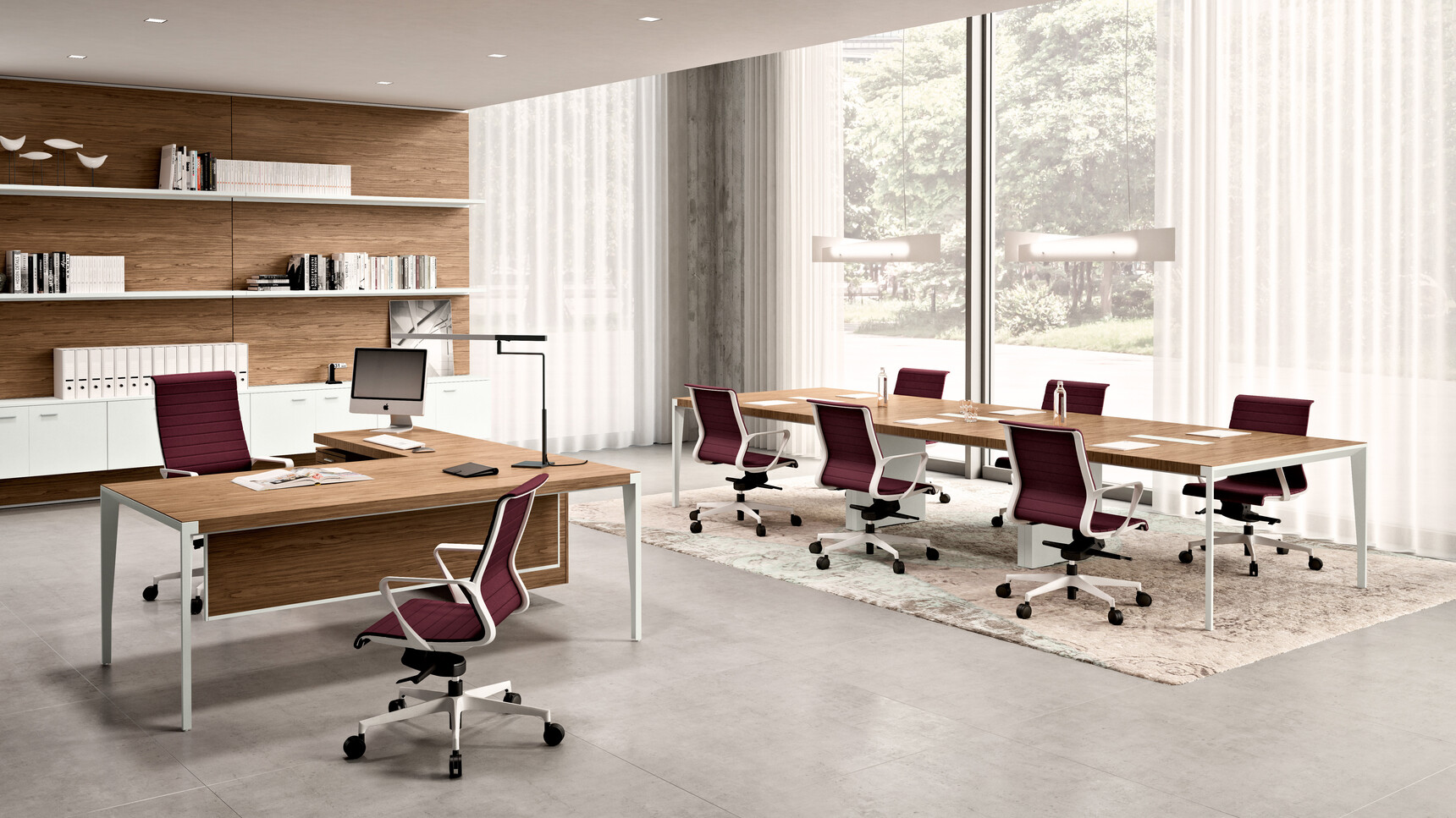 Quadrifoglio X9 Wood Veneer Desk with Return & Pedestal WIth Wood Finish And Grey Leg Finish With Two Chairs At Desk With X9 Meeting Table With Wood Finish And Six Quadrifoglio Chairs At Desks