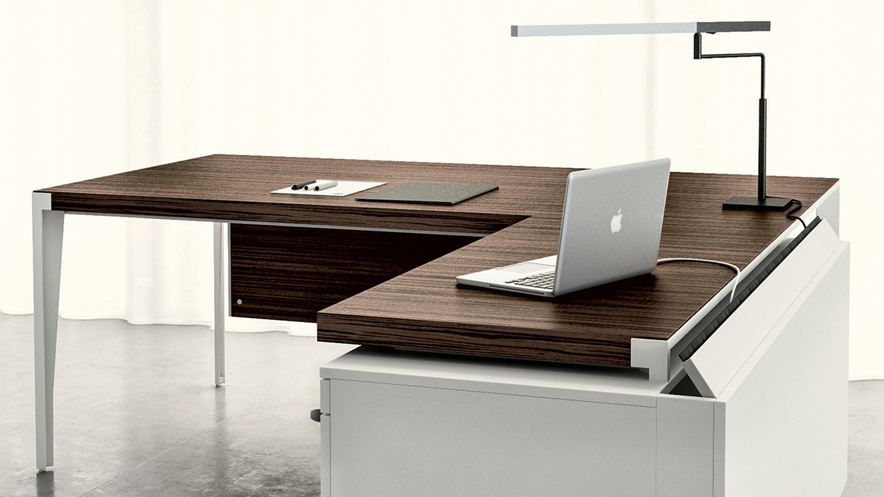 Quadrifoglio X9 Wood Veneer Desk with Return & Pedestal And Modesty Panel WIth Dark Wood Finish And White Leg Finish
