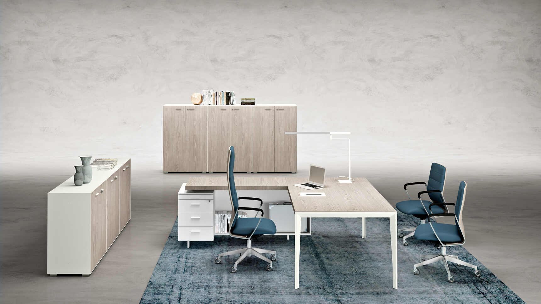 Quadrifoglio X9 Wood Veneer Desk with Return & Pedestal WIth Wood Finish And White Leg Finish With Three Chairs At Desk In Blue Upholstery And Grey Leg Finish On Castors