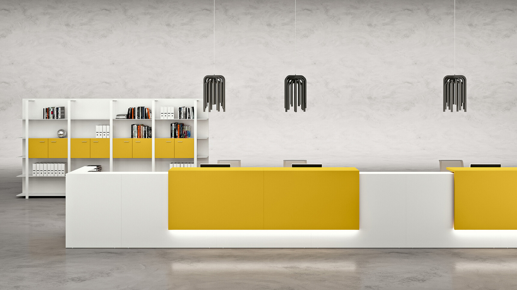 Quadrifoglio Z2 Reception Counter With White Finish With Yellow Side Panels And Three Quadrifoglio Chairs With Black Backrests In Reception Area