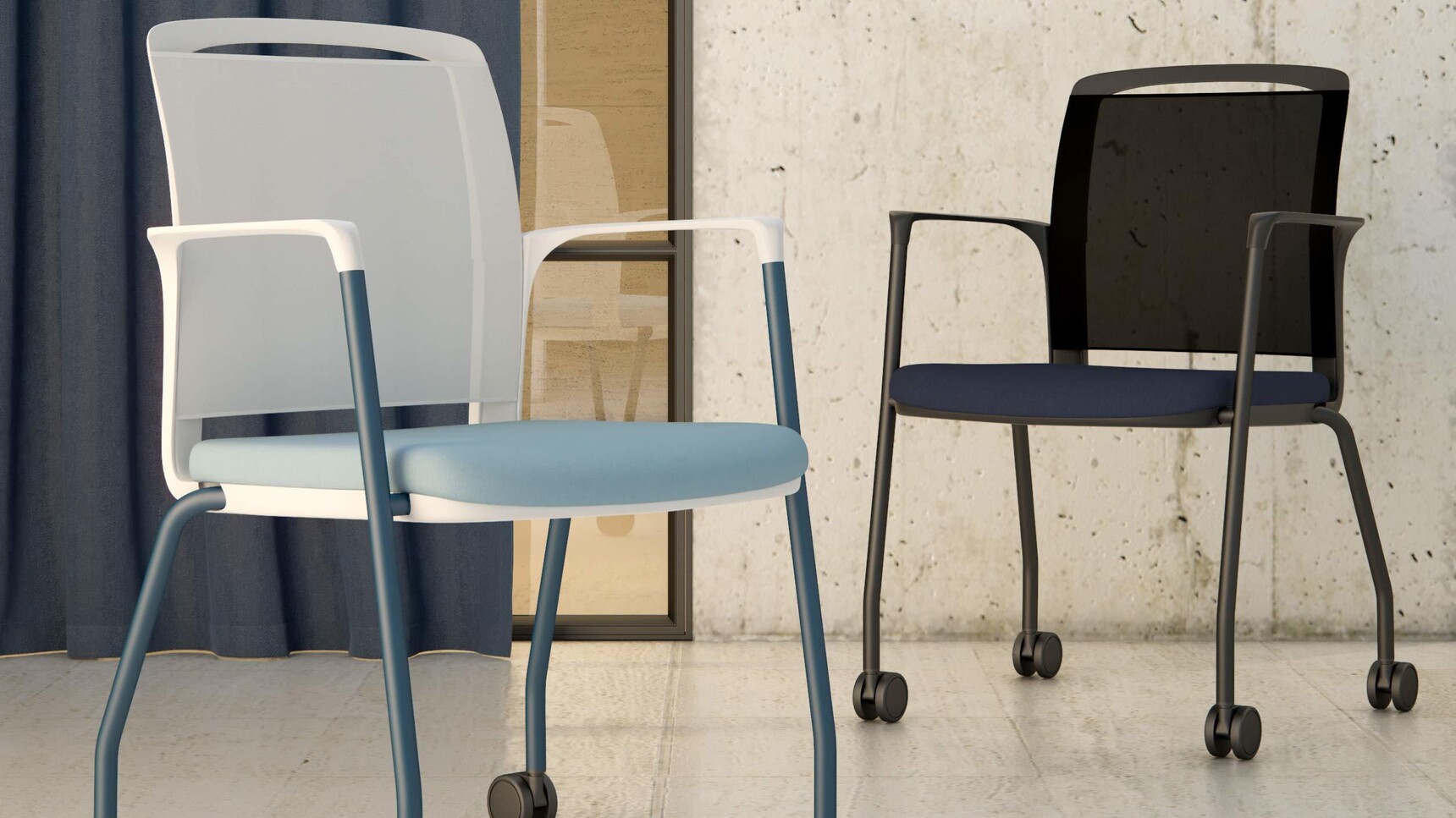 Elite Office Furniture Infinity Meeting Chair With Four Leg Base On Castors Mesh Back Blue Upholstery Family Image