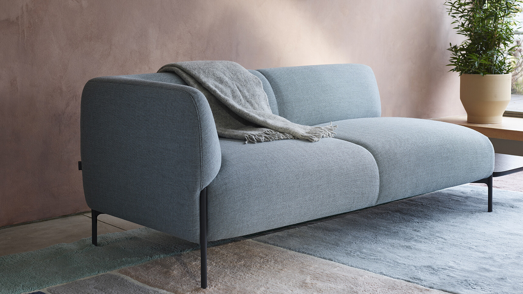 Modus Sofa Left Chaise Blue Upholstery And Rectangle Table Family Image
