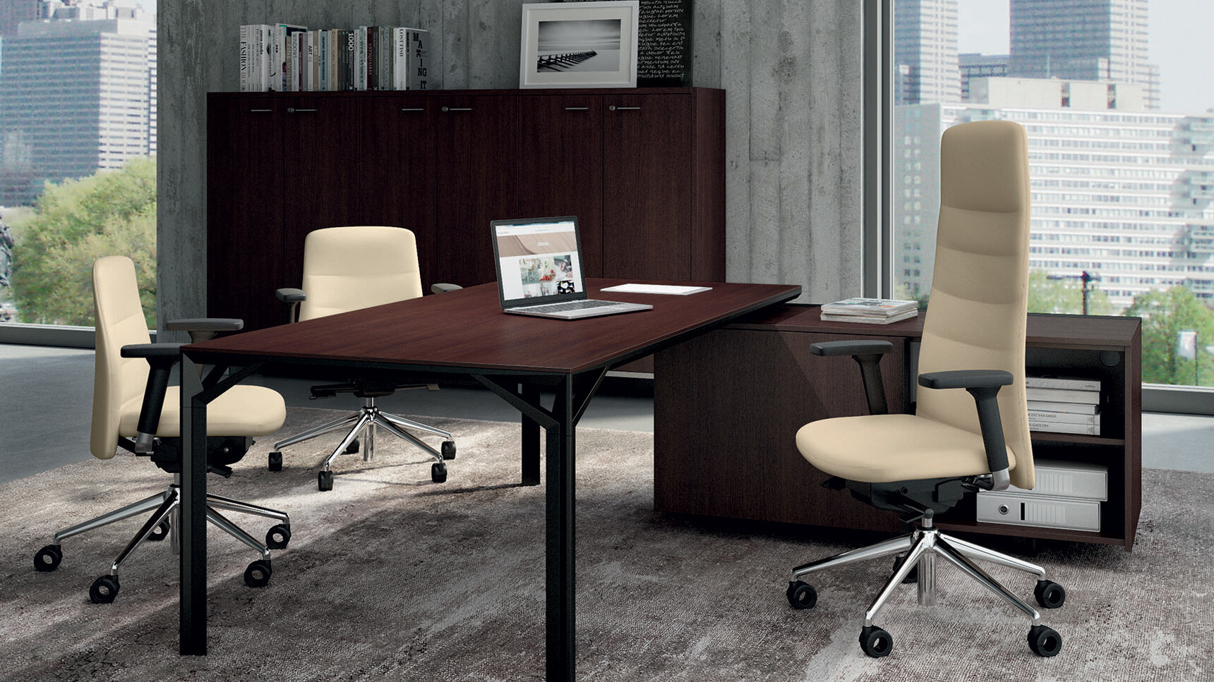 Quadrifoglio X8 Melamine Desk with Sliding Door Credenza With Dark Wood Finish And Black Leg Finish With Three Quadrifoglio Chairs In Beige Upholstery With Black Arms And Chrome Legs On Castors