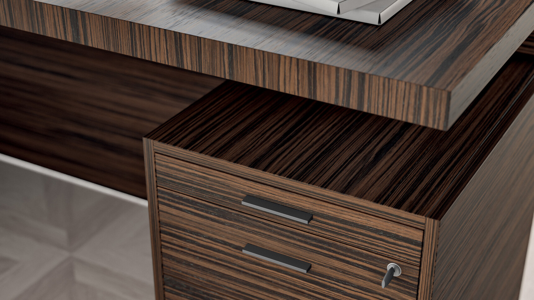 Quadrifoglio e9 Wood Veneer Executive Desk with Leather Inlay, Return & Pedestal Detail Image