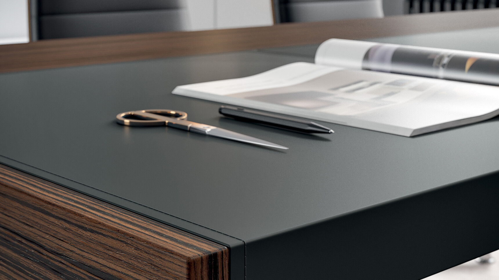 Quadrifoglio e9 Wood Veneer Executive Desk with Leather Inlay, Return & Pedestal Detail Image Of The Leather Inlay