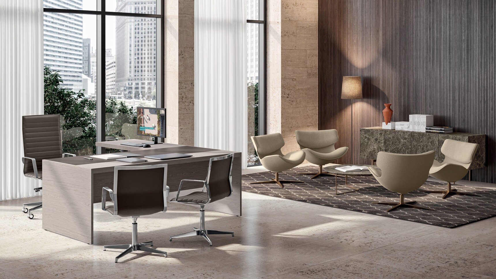 Quadrifoglio e9 Wood Veneer Executive Desk with Leather Inlay, Return & Pedestal In Office Environment