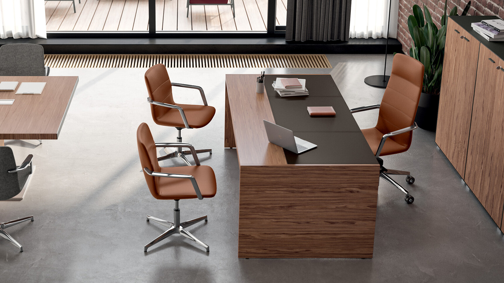 Quadrifoglio e9 Wood Veneer Executive Desk With Leather Inlay | 1000 Depth In Office Setting