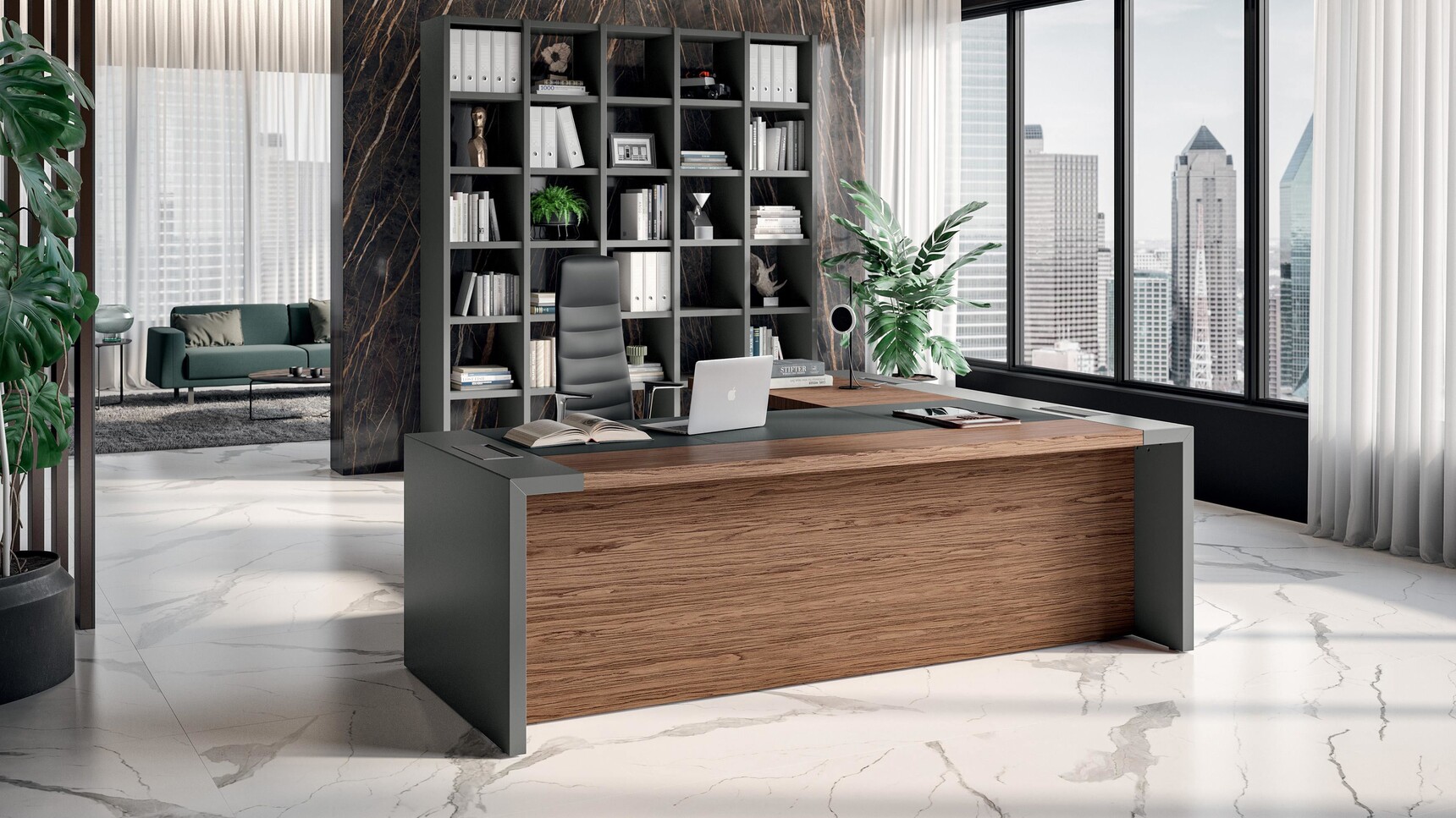Quadrifoglio e10 Wood Veneer Executive Desk with Leather Inlay, Return & Pedestal In Office Setting