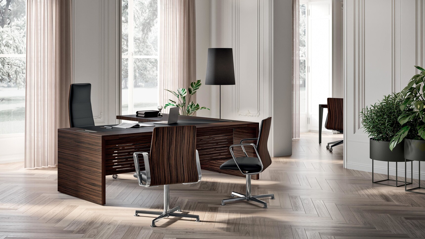 Quadrifoglio e10 Wood Veneer Executive Desk with Leather Inlay, Return & Pedestal In Office Environment