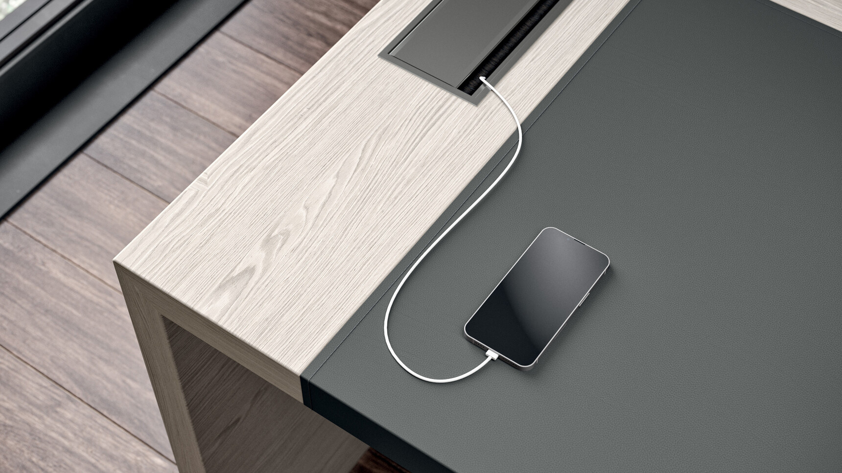 Quadrifoglio e10 Wood Veneer Executive Desk with Leather Inlay Detail Image Of The Cable Flap