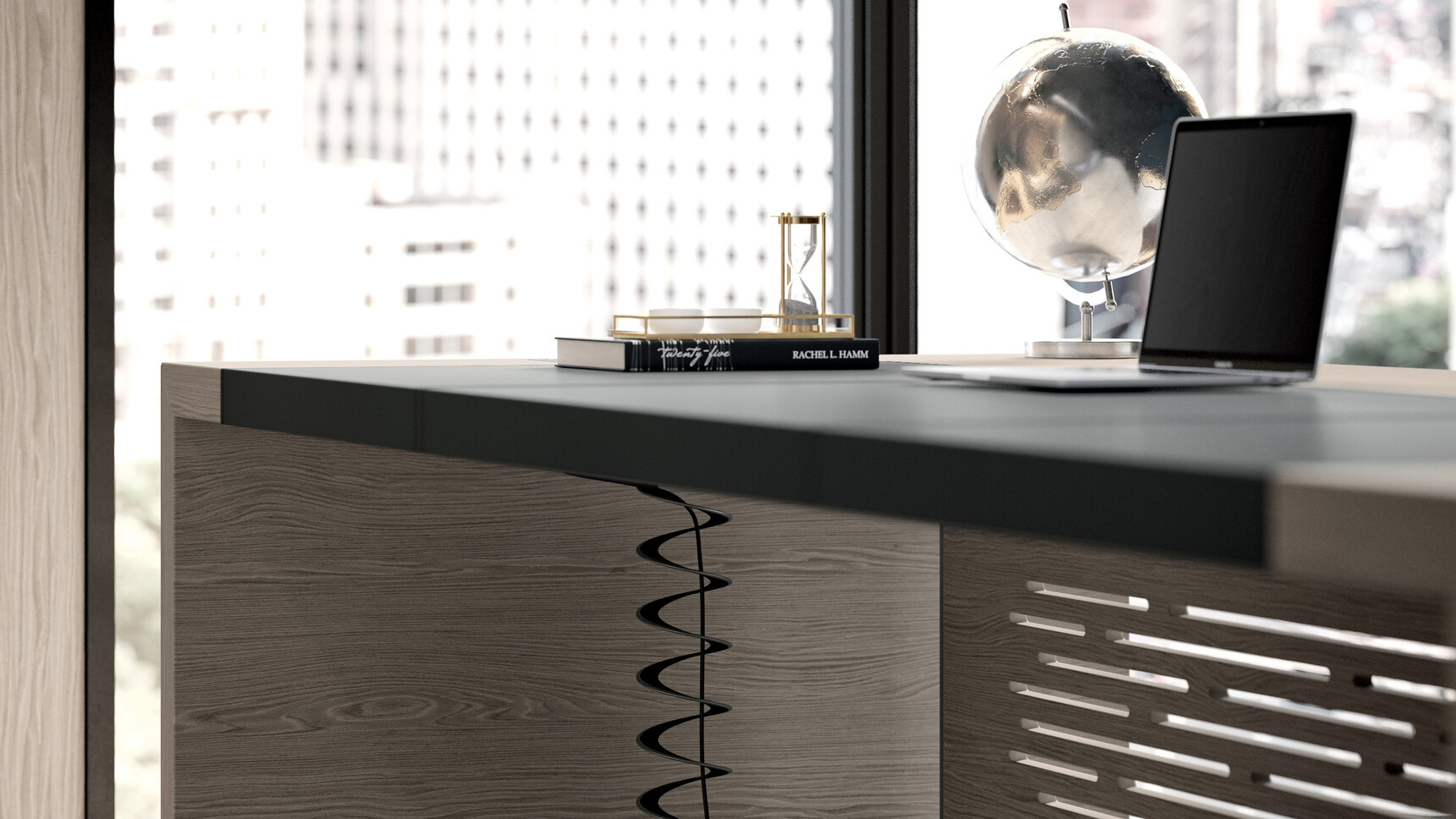 Quadrifoglio e10 Wood Veneer Executive Desk with Leather Inlay Detail Image