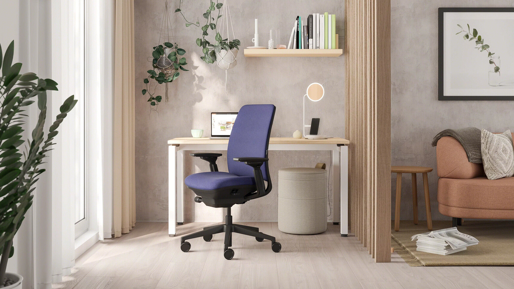 Steelcase Amia Office Task Chair Blue Upholstery At Desk Family Image
