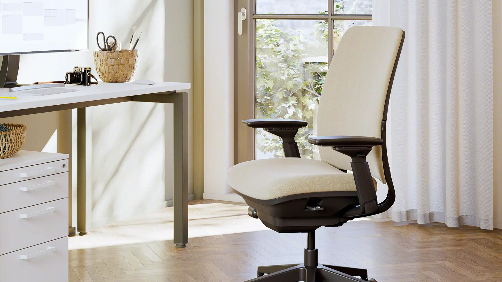 Steelcase Amia Office Task Chair Off White Upholstery At Desk Detail Image