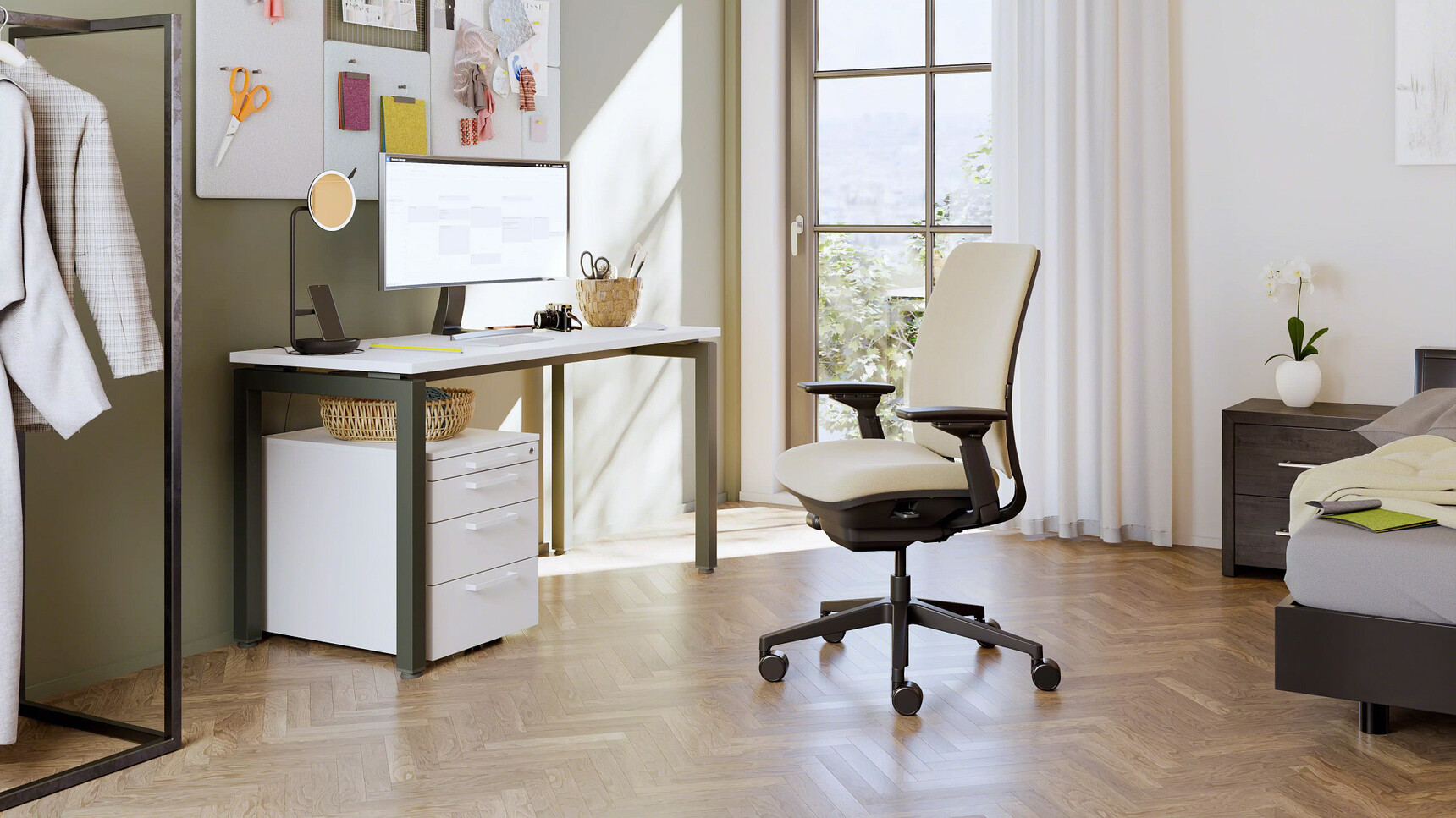 Steelcase Amia Office Task Chair Off White Upholstery At Desk Family Image