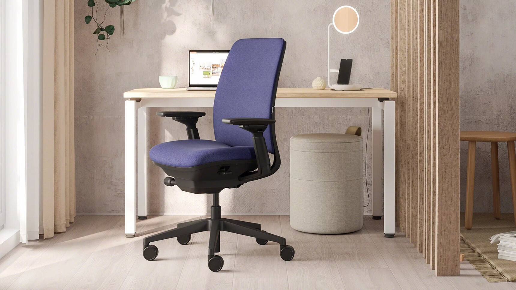 Steelcase Amia Office Task Chair Blue Upholstery At Desk Detail Image