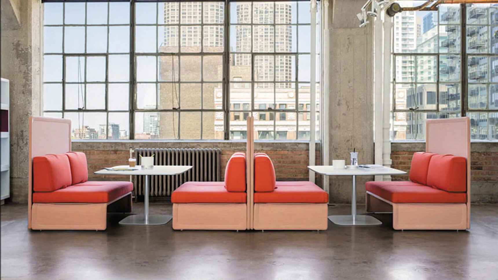Coalesse Lagunitas Lounge Seating Orange Upholstery In Office Environment