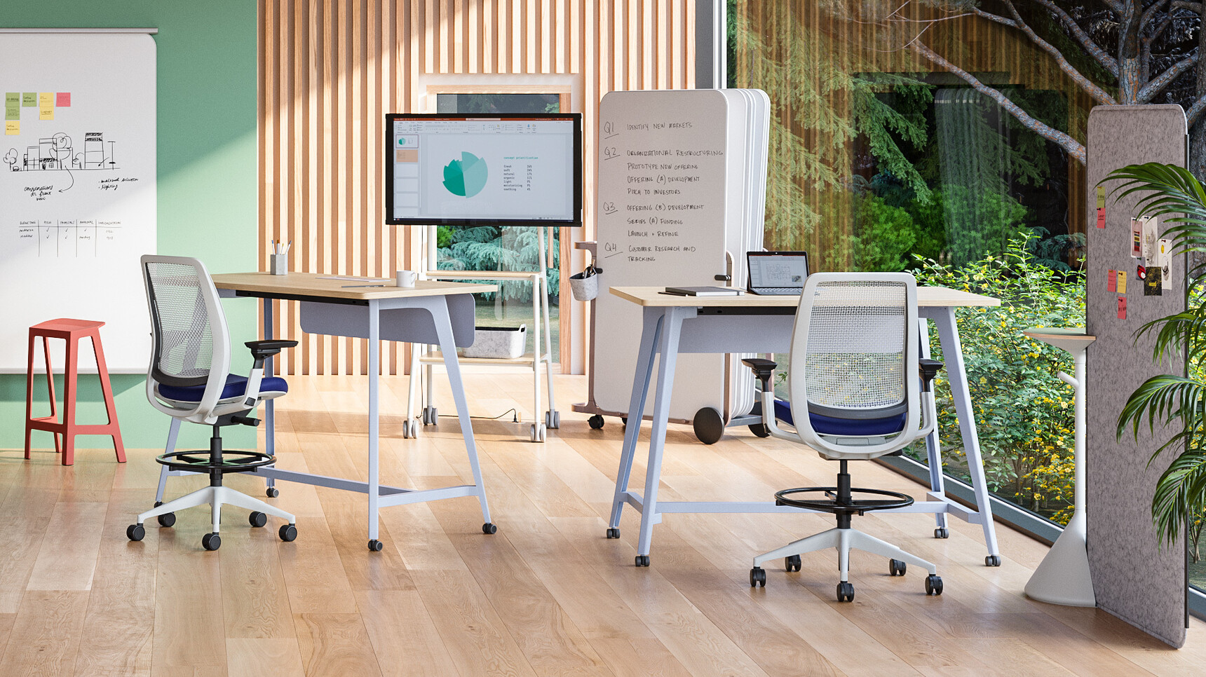Steelcase Lares Mobile Standing Meeting Table Wood Top Blue Leg Finish In Office Setting
