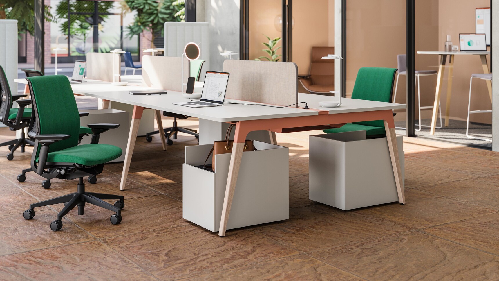 Steelcase Lares Bench Desk 6 Person Desk Orange Frame Wood Leg In Office Setting