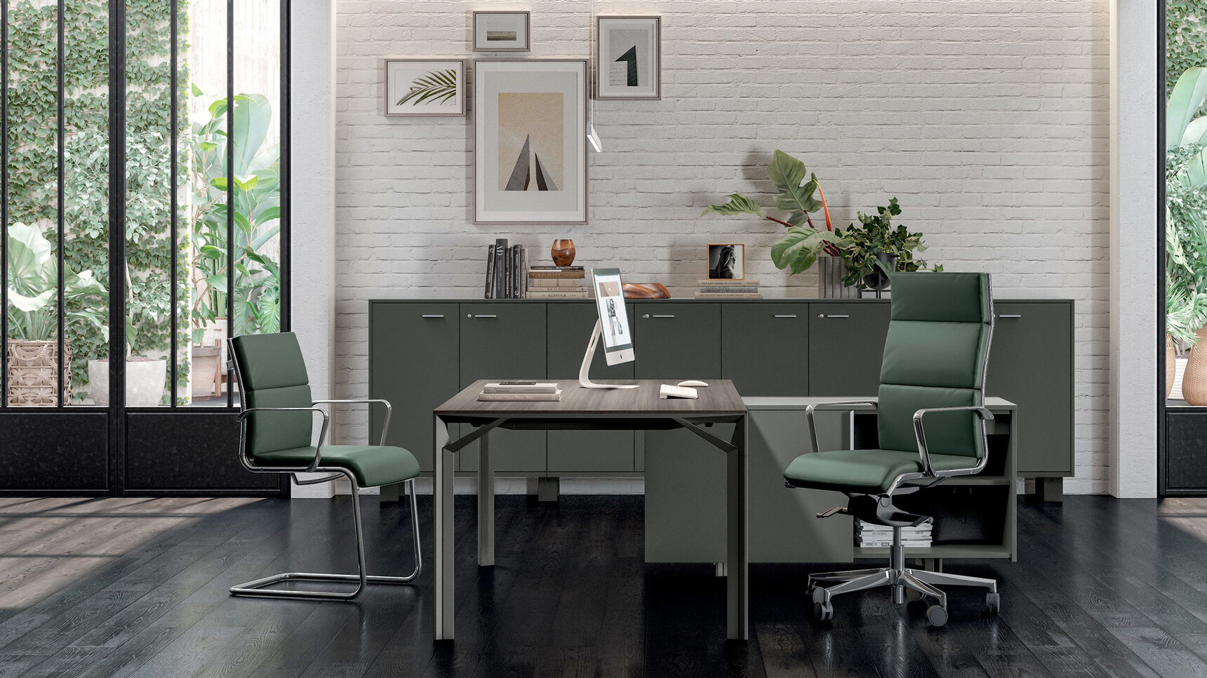 Quadrifoglio X8 Melamine Desk with Sliding Door Credenza Family Image